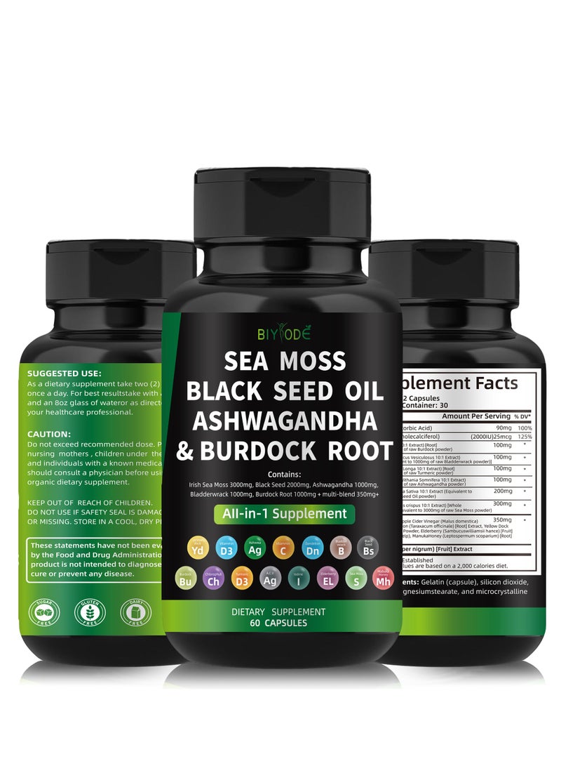 BIYODE Organic Sea Moss Capsules - Burdock Root, Irish Moss and Bladderwrack Capsules for Immune System, Gut, Skin & Energy - 60 Irish SeaMoss Pills with Raw Sea Moss Powder - Image 1