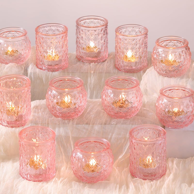 DARJEN 12Pcs Pink Votive Candle Holders- Glass Candle Holders Bulk for Flameless Tea Waxes, Romantic Candle Holder for Wedding & Parties, Home Table Decor - Image 1