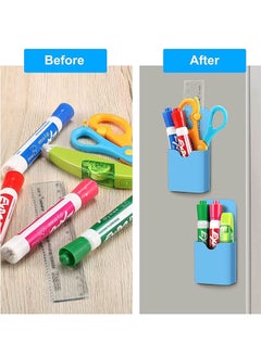 Y&D Magnetic Marker Holder Pen for Whiteboard or Fridge, Magnet Pencil Cup Storage Organizer School Office Home Locker and Metal Cabinets 2 Pack Blue  - Image 4