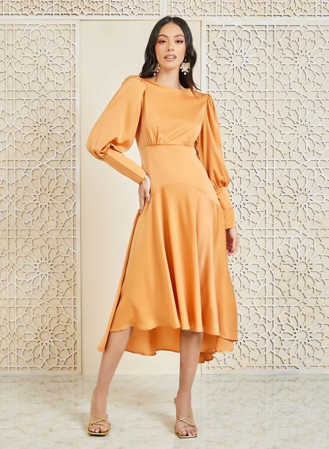 Styli Satin Long Cuff Sleeves Asymmetric Hem A-line Midi Dress