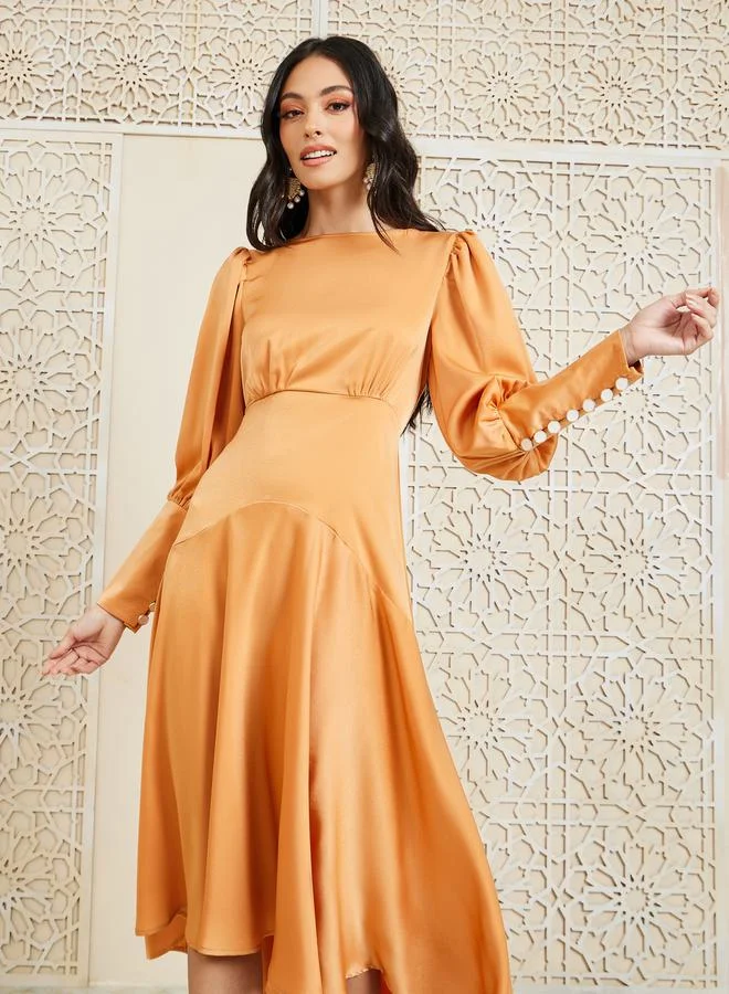 Styli Satin Long Cuff Sleeves Asymmetric Hem A-line Midi Dress