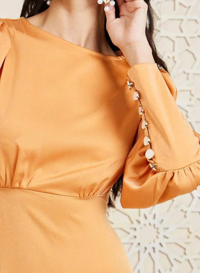 Styli Satin Long Cuff Sleeves Asymmetric Hem A-line Midi Dress