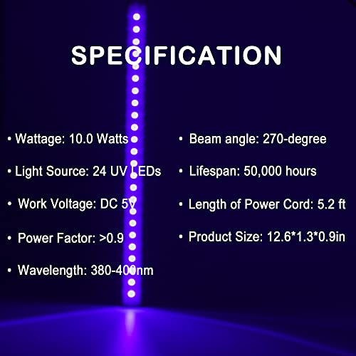 U4GLORY UV LED Black Light Bar, 10W USB 5ft Cable UV Light, 1ft Blacklight Bar for Body Painting Blacklights Tapestry Poster Glow Party Black Lights Strip for Cabinet, 2 Pack - Image 2