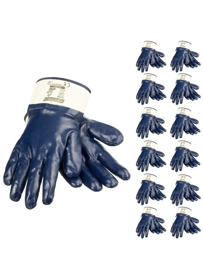 JORESTECH Safety Work Gloves Blue Nitrile Coating Heavy Duty Cotton Fabric Chemical Resistant Pack of 12 GD-05 (Size 9-L) - Image 1