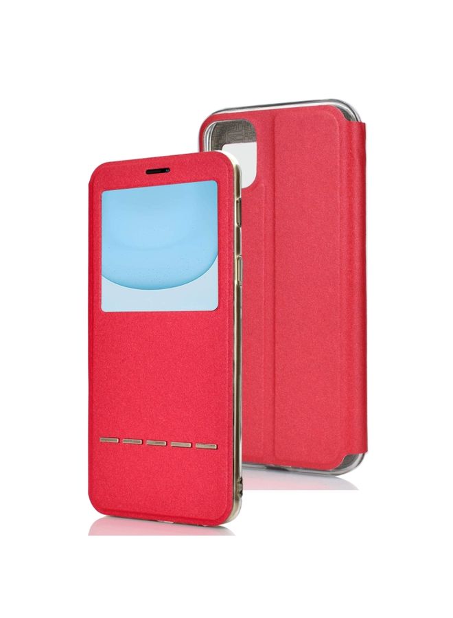 Case Cover For iPhone 11 Matte Texture Horizontal Flip Bracket Mobile Phone Holster Window with Caller ID and Metal Button Slide To Unlock Red