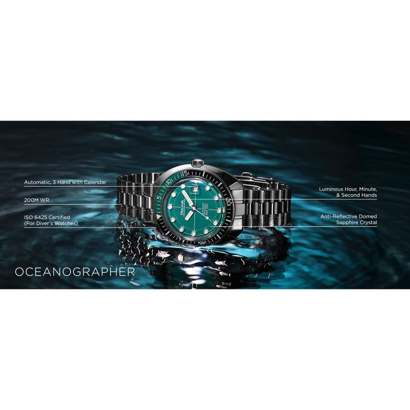 Bulova Men's Oceanographer Stainless Steel 3-Hand Automatic Watch, Green Dial Style: 96B322 - Image 3