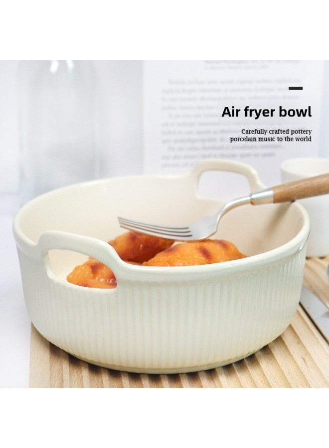 Air Fryer Baking Bowl Ceramic Household High Temperature Oven Microwave Oven Cheese Baked Rice Special Bowl Double Handles-Specifications:7inch Bowl - Custard-Capacity:601-700ml - Image 4