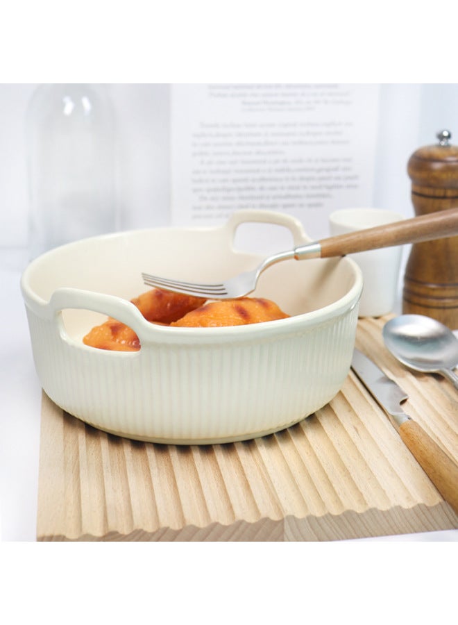 Air Fryer Baking Bowl Ceramic Household High Temperature Oven Microwave Oven Cheese Baked Rice Special Bowl Double Handles-Specifications:7inch Bowl - Custard-Capacity:601-700ml - Image 3