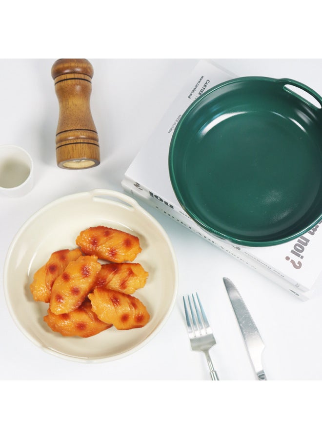 Air Fryer Baking Bowl Ceramic Household High Temperature Oven Microwave Oven Cheese Baked Rice Special Bowl Double Handles-Specifications:7inch Bowl - Custard-Capacity:601-700ml - Image 2