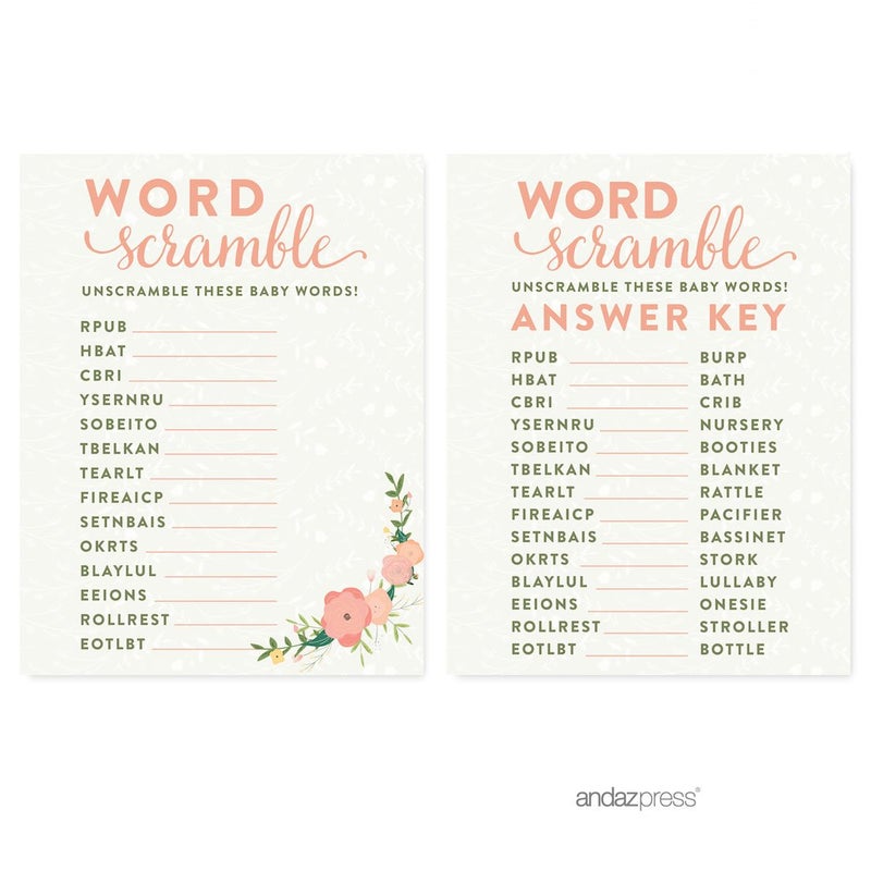 Andaz Press Floral Roses Girl Baby Shower Collection, Games, Activities, Decorations, Word Scramble Game Cards, 20-pack - Image 1