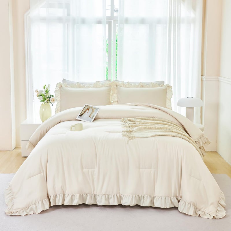 ANGIYUIN 5 Pieces Camel Ruffled Full Size Bedding Sets for Kids Girls Shabby Boho Bed in A Bag Lightweight Fluffy Bed Comforter Sets with Sheets(Camel Full) - Image 1