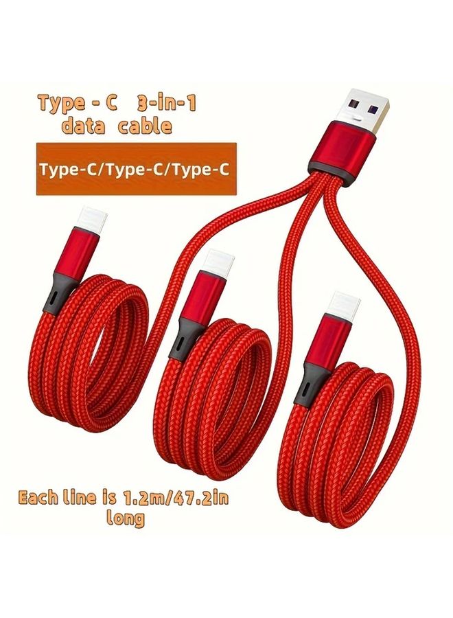 Red 6A Super Fast Charging USB C Cable Triple Head Type C Type A Nylon Braided - Image 1
