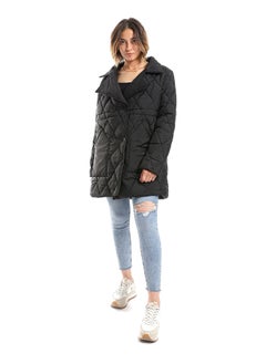 Double Breasted Button Plain Black Puffer Jacket_Black