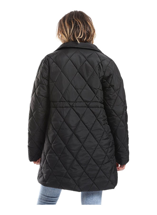 Andora - Double Breasted Button Plain Black Puffer Jacket_Black - Image 1