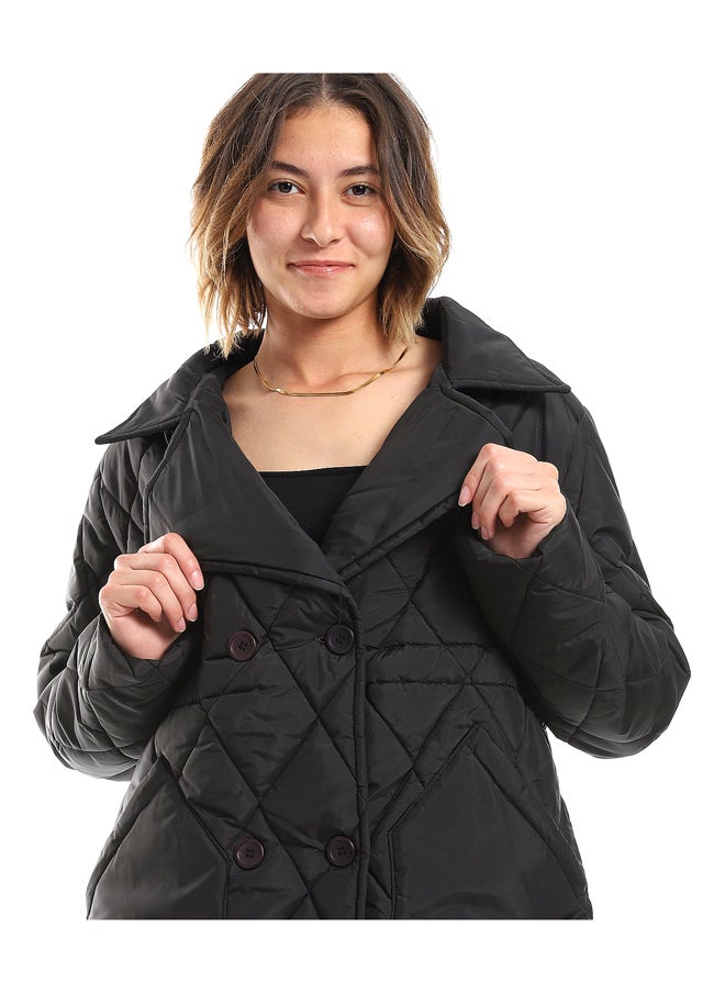 Andora - Double Breasted Button Plain Black Puffer Jacket_Black - Image 1