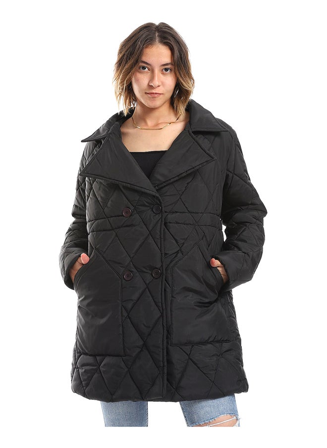 Andora - Double Breasted Button Plain Black Puffer Jacket_Black - Image 1