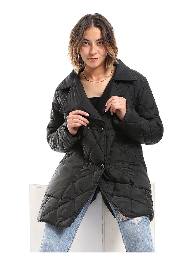 Andora - Double Breasted Button Plain Black Puffer Jacket_Black - Image 1