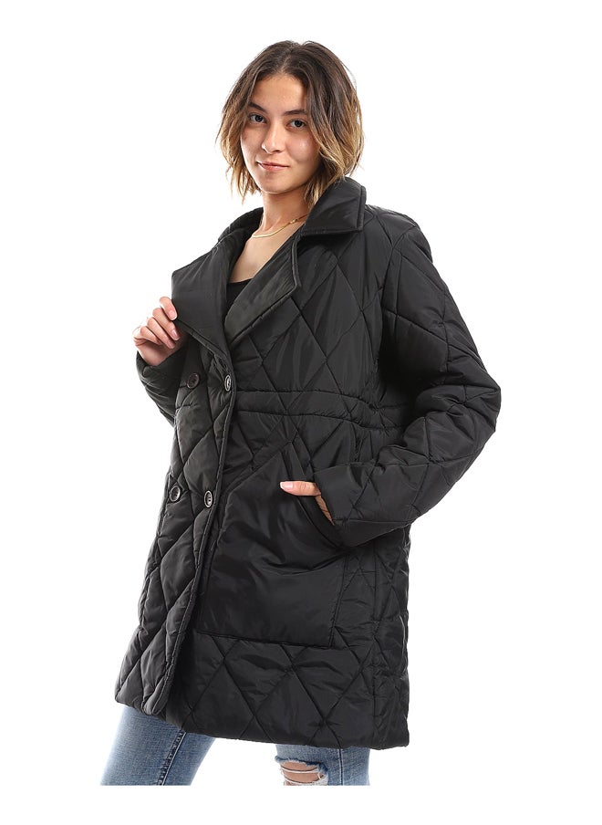Andora - Double Breasted Button Plain Black Puffer Jacket_Black - Image 1