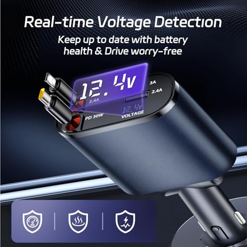 GadgetBite Car Charger 120 Watt 4 in 1 Charger with Retractable Cables & Dual Ports Type C cable and Lighting cable Super Fast Charger Compatible With iPhone 17 to 11 Pro Max Android iPad Pixel - Blue - Image 2