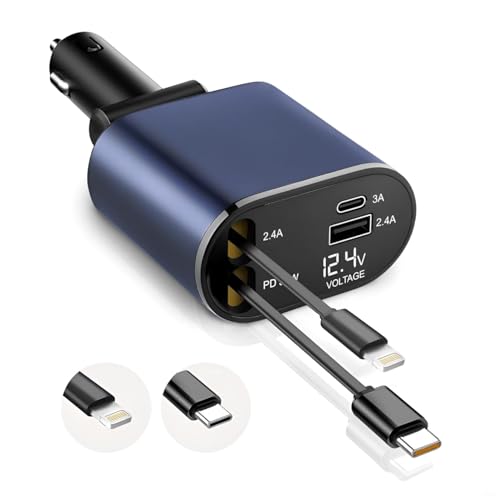 GadgetBite Car Charger 120 Watt 4 in 1 Charger with Retractable Cables & Dual Ports Type C cable and Lighting cable Super Fast Charger Compatible With iPhone 17 to 11 Pro Max Android iPad Pixel - Blue - Image 1