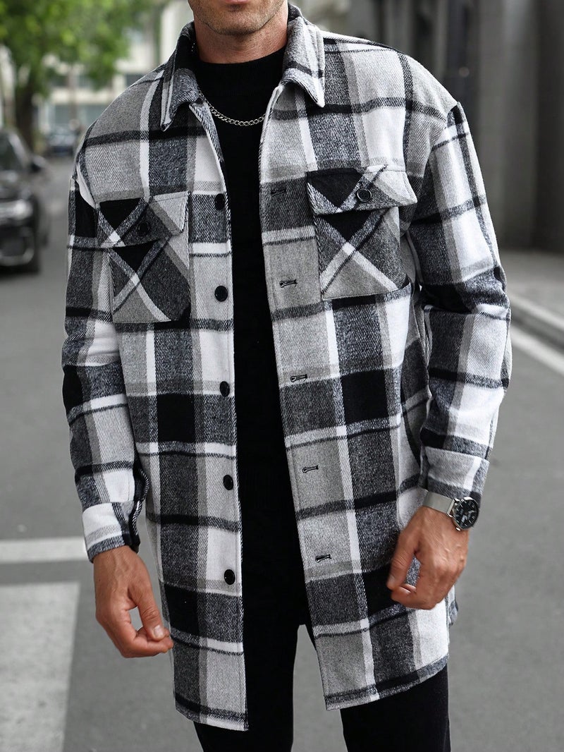Men's Long Trench Coat with Button Front and Flap Pockets - Casual Plaid Windbreaker Jacket