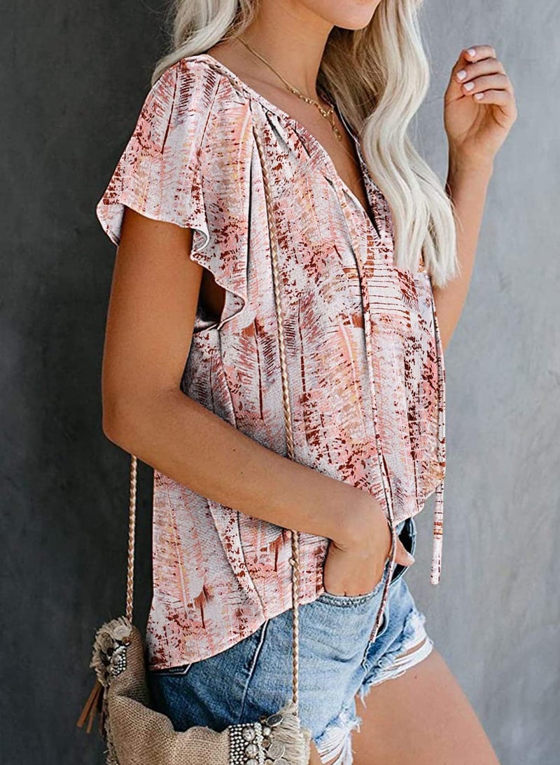 SimpleFun Casual Blouses for Women Short Sleeve V Neck Fahsion Bohemian Floral Chiffon Tops (Light Pink,M) - Image 3