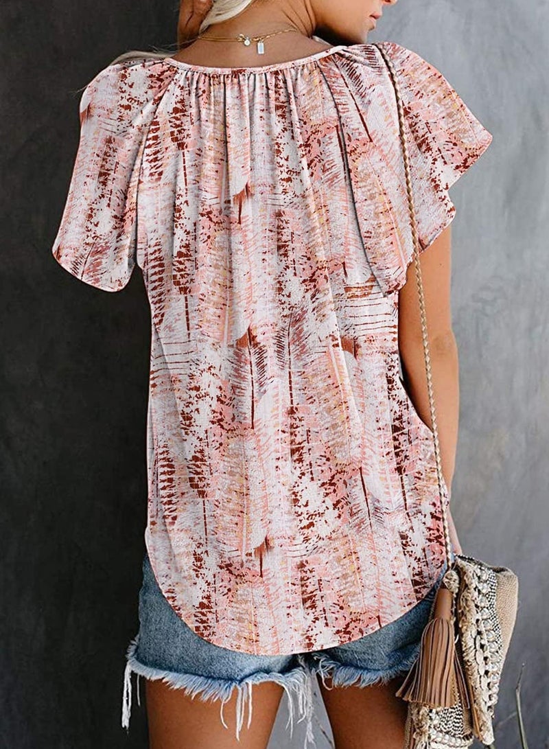 SimpleFun Casual Blouses for Women Short Sleeve V Neck Fahsion Bohemian Floral Chiffon Tops (Light Pink,M) - Image 4