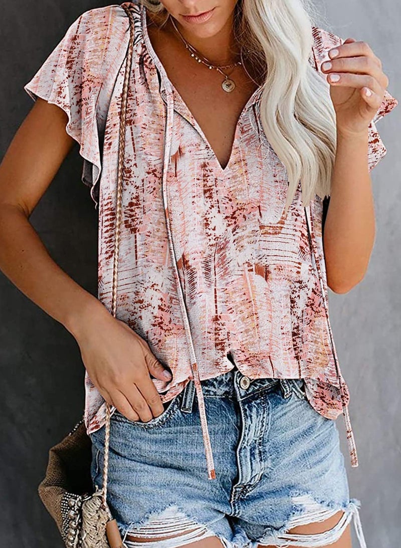 SimpleFun Casual Blouses for Women Short Sleeve V Neck Fahsion Bohemian Floral Chiffon Tops (Light Pink,M) - Image 2