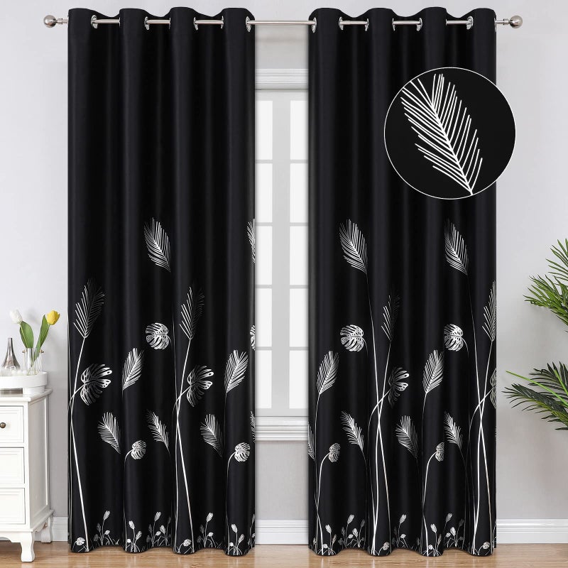 Estelar Textiler Blackout Curtains 84 Inches Long 2 Panles Elegant Silver Palm Tree Designed Window Drapes Energy Saving Light Blocking Curtains for Bedroom, 52Wx84L, Black, Set of 2 Panels - Image 1
