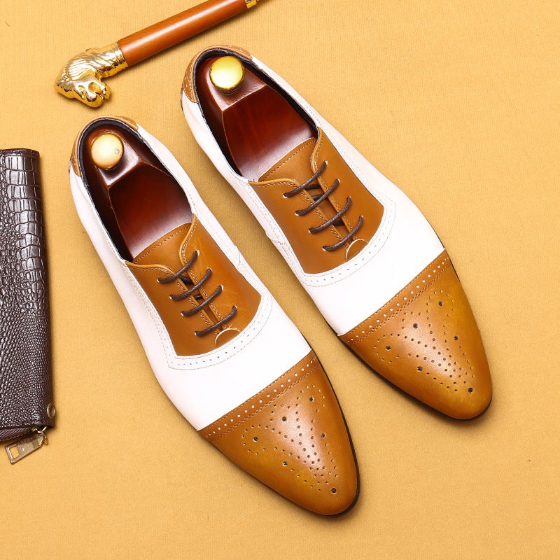White Brogue Leather Shoes Men Formal Wedding Fashion brown with white