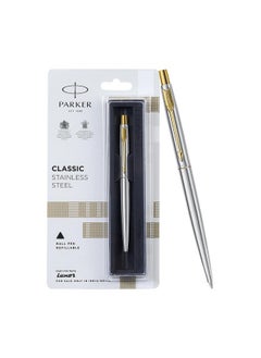 PARKER Classic Stainless Steel Gold Trim Ball Pen| Ink Color - Blue | Corporate Gift | Ideal For Professional Use  - Image 1