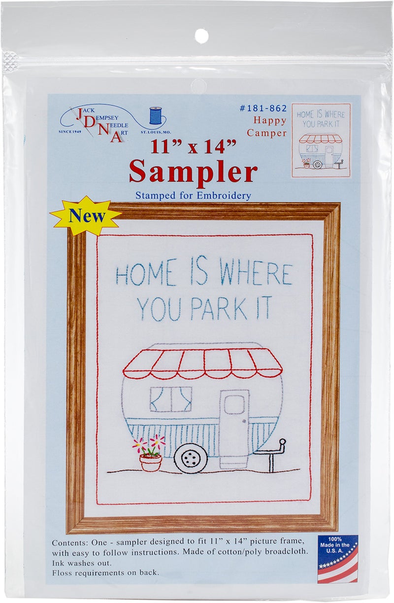 Jack Dempsey Needle Art Happy Camper Embroidery Sampler, 11" x 14", white - Image 1