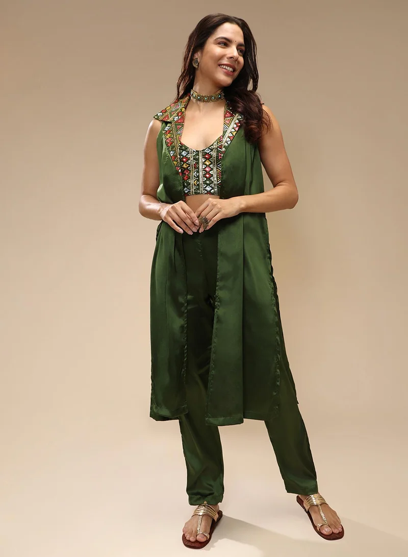 QISSA Qissa Women's Forest Green Ethnic Block Co-Ord Set For Casual Wear | V-Neck | Sleeveless | 3 Piece Co-Ords Designed With Comfort Fit For Everyday Ethnic Wear