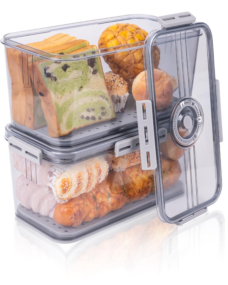 Dynta Bread Box 2 Pack Bread Storage Container Airtight Recording Time Bread Box for Kitchen Countertop Plastic Bread Keeper with Lid for Homemade Bread Toast Loaf Cookies