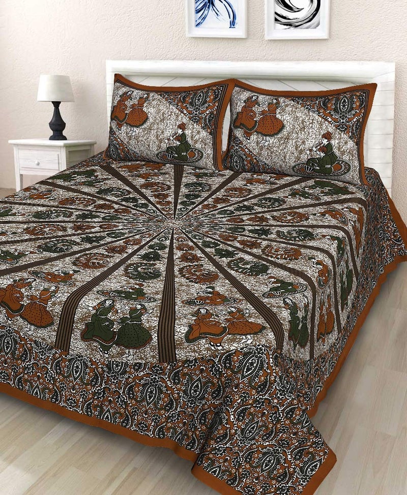 BedZone 100% Cotton Rajasthani Jaipuri Traditional King Size Double Bed Bedsheet with 2 Pillow Covers - Multi