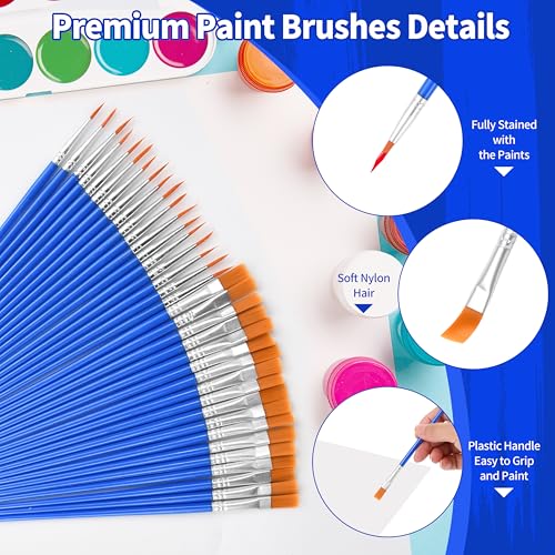 Hoplito 36 Pcs Paint Brushes Bulk, Flat and Tip Round Acrylic Paint Brushes, Nylon Hair Artist Brush for Classroom Crafts All Purpose Oil Watercolor, Face Nail Painting Touch Up - Image 3