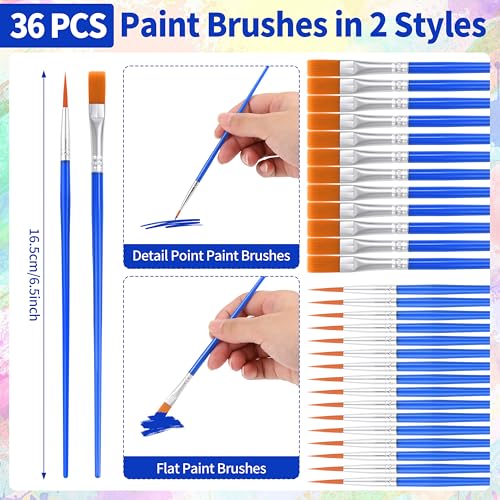 Hoplito 36 Pcs Paint Brushes Bulk, Flat and Tip Round Acrylic Paint Brushes, Nylon Hair Artist Brush for Classroom Crafts All Purpose Oil Watercolor, Face Nail Painting Touch Up - Image 2