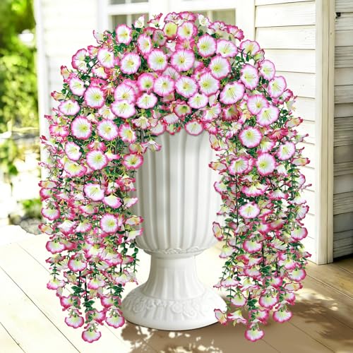 Julako Artificial Hanging Flowers for Outdoors 2 PCS 300 Blooms UV Resistant Morning Glory Faux Silk Vines NoOdor Realistic Fake Plants for Garden Planter Porch Patio Decoration Pink - Image 1