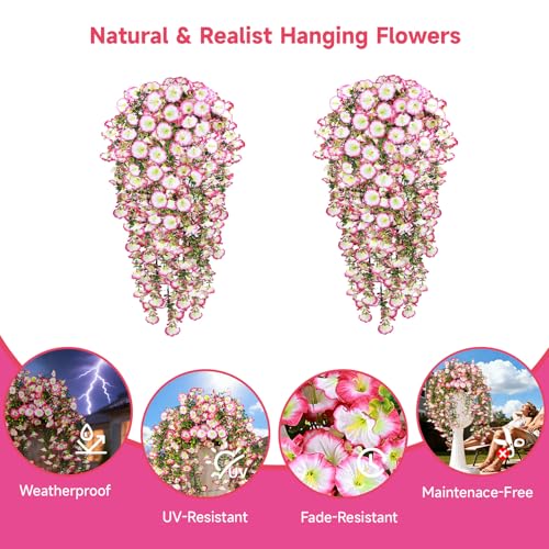 Julako Artificial Hanging Flowers for Outdoors 2 PCS 300 Blooms UV Resistant Morning Glory Faux Silk Vines NoOdor Realistic Fake Plants for Garden Planter Porch Patio Decoration Pink - Image 3