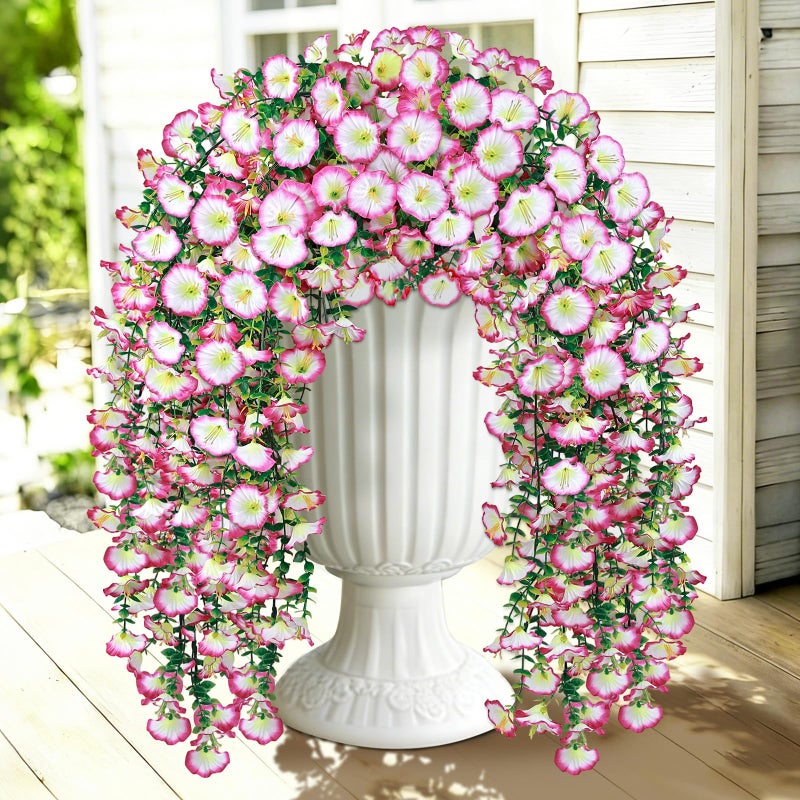 Julako Artificial Hanging Flowers for Outdoors 2 PCS 300 Blooms UV Resistant Morning Glory Faux Silk Vines NoOdor Realistic Fake Plants for Garden Planter Porch Patio Decoration Pink - Image 2