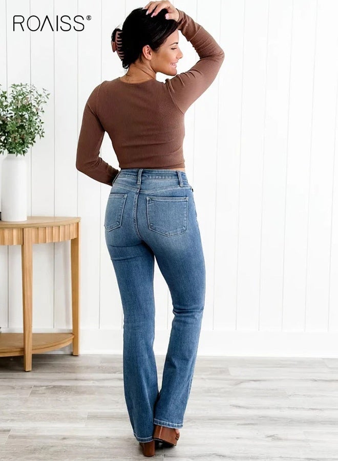 roaiss Plus Size Women Flare Bell Bottom Jeans Mid-Rise Stretchy Slimming Casual Denim Pants, Blue - Image 2