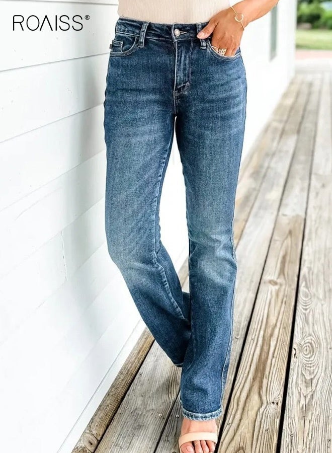 roaiss Plus Size Women Flare Bell Bottom Jeans Mid-Rise Stretchy Slimming Casual Denim Pants, Blue - Image 3