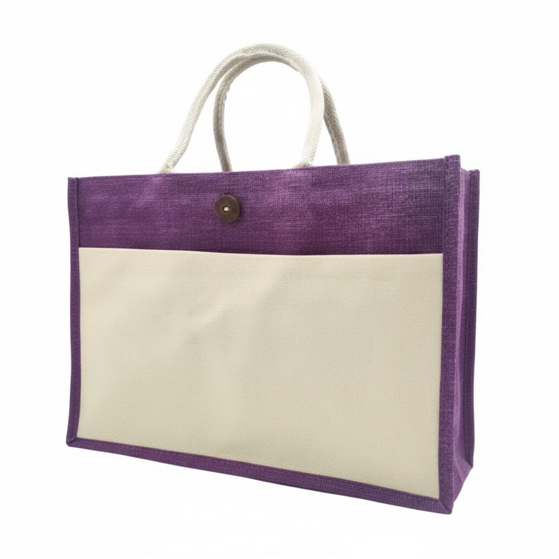 12 PIECES - Jute Shopping Tote Bag with Cotton Pocket,Two-Tone Button Closure (NATURAL JUTE/VIOLET CANVAS WITH BOTTON) 41 X 33 X 15 - Image 2