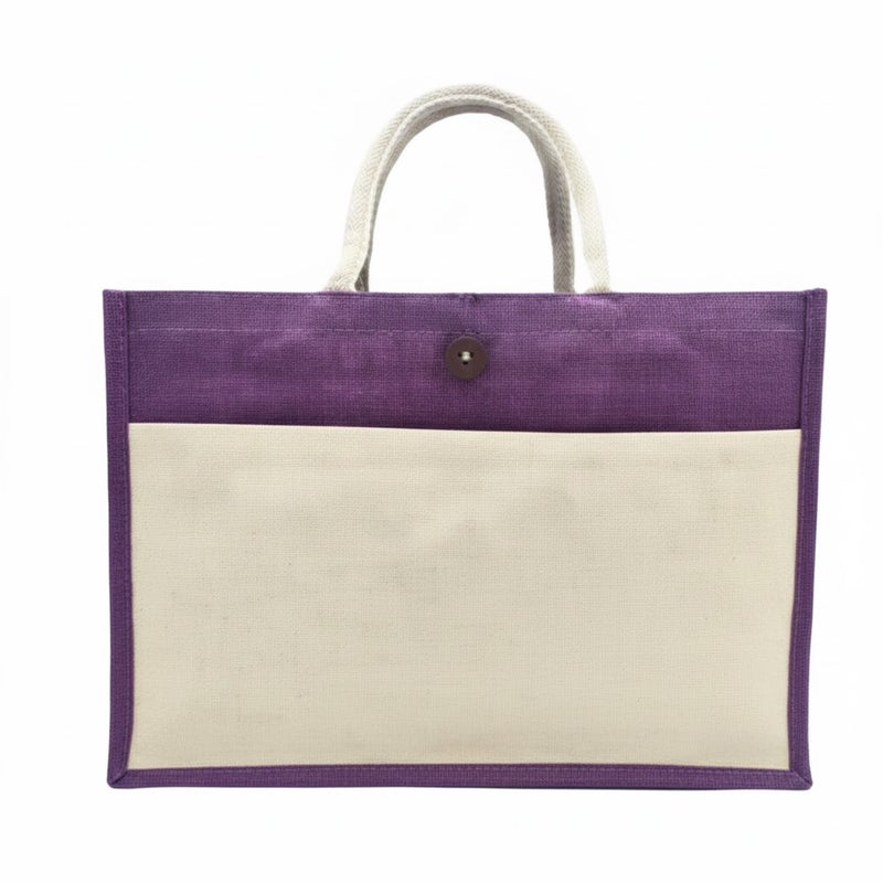 12 PIECES - Jute Shopping Tote Bag with Cotton Pocket,Two-Tone Button Closure (NATURAL JUTE/VIOLET CANVAS WITH BOTTON) 41 X 33 X 15 - Image 1