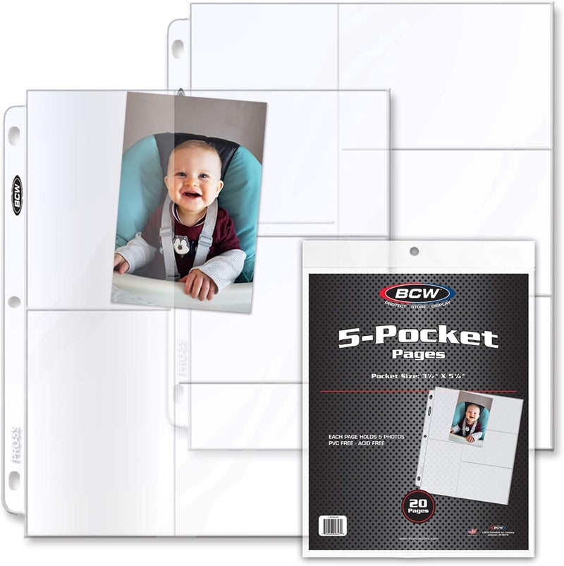BCW BCW Pro 5Pocket Photo Page 20 Count  Archival Quality AcidFree  Photo Card Sleeves for Postcards  Fits 3Ring Binders  Perfect for Photocard Binder Sleeves Collectible Trading Card Albums - Image 1