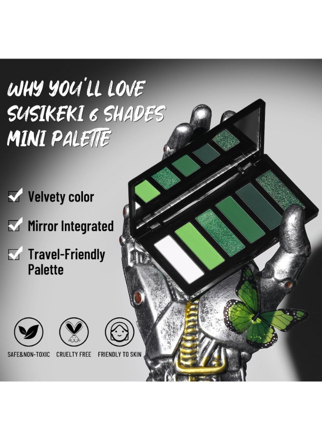 SUSIKEKI Green Eyeshadow Palette with Mirror Lime Forest Emerald Tones Matte Shimmer 6 Colors Mini Eye Shadow Pallet Travel Size Highly Pigmented for Goth Fairy Joker Wicked Halloween Parties Makeup - Image 4