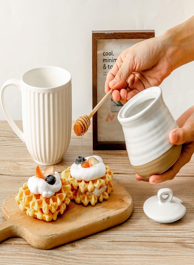 Hasense Ceramic Honey Pot with Lid, 12 Ounce Honey Jar with Lid and Wooden Dipper, Porcelain Honey Dipper Stick and Jar Set, Cute Honey Dish for Christmas Wedding Gift, Dishwasher Safe, White - Image 2