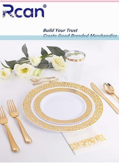 Rcan 150 Pcs/Set Gold Upscale Wedding Dining Party Disposable Plastic Hollow-Carved Cutlery Set, Party Supplies Plate, Spoon, Fork, Knife, Party Tableware (25 Guest)  - Image 3