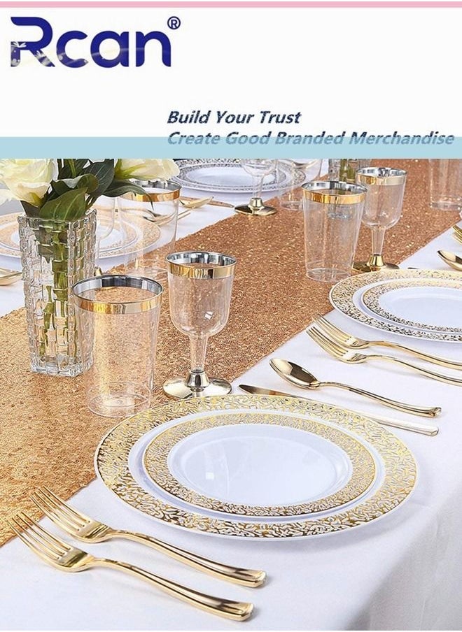 Rcan 150 Pcs/Set Gold Upscale Wedding Dining Party Disposable Plastic Hollow-Carved Cutlery Set, Party Supplies Plate, Spoon, Fork, Knife, Party Tableware (25 Guest)  - Image 2