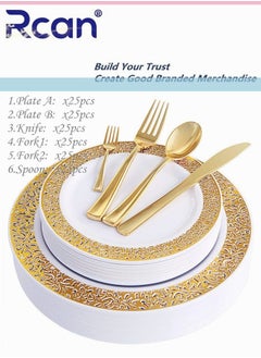 Rcan 150 Pcs/Set Gold Upscale Wedding Dining Party Disposable Plastic Hollow-Carved Cutlery Set, Party Supplies Plate, Spoon, Fork, Knife, Party Tableware (25 Guest)  - Image 1